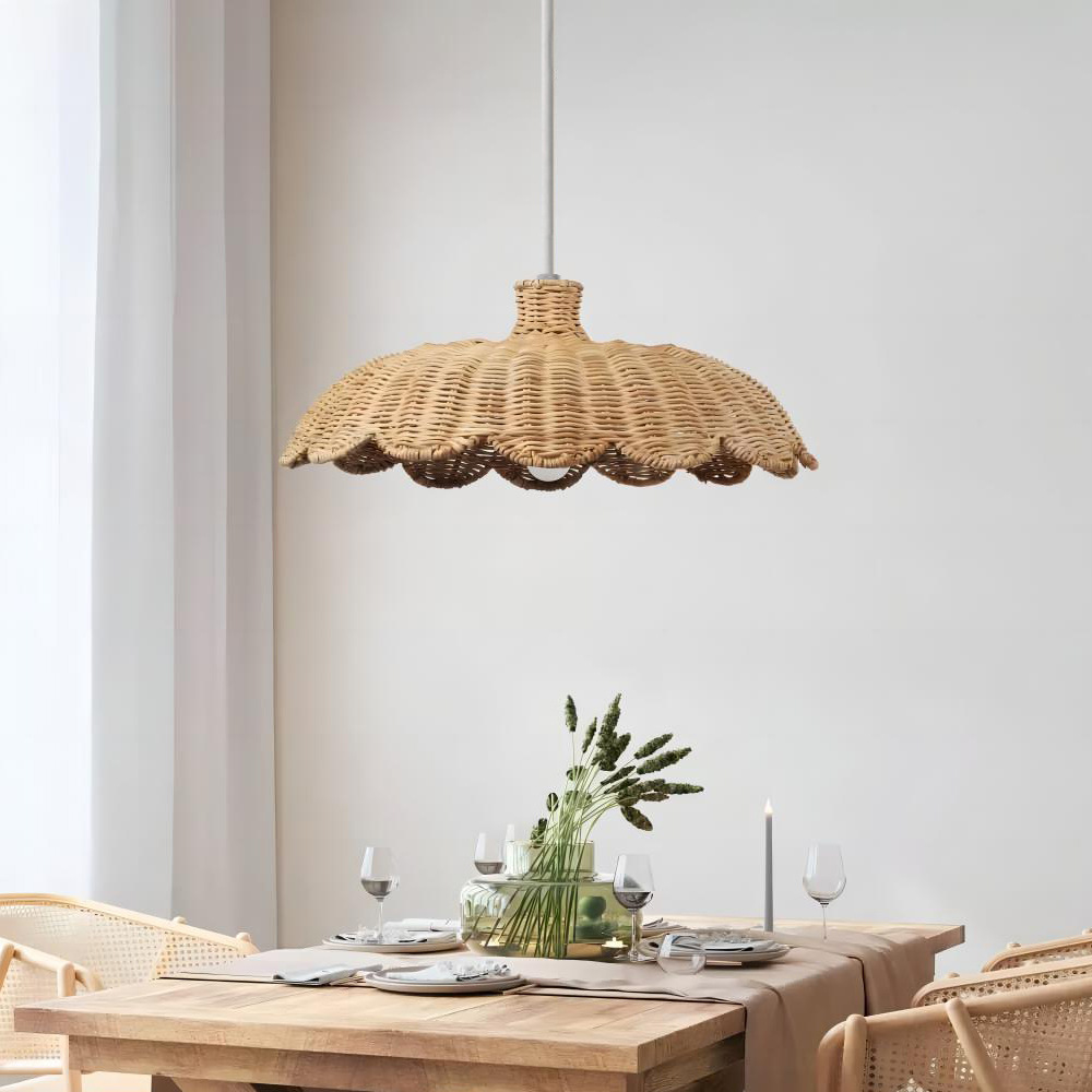 Wicker Pendant Shade - Hand‑Woven Rattan Lampshade Scalloped Light Shade