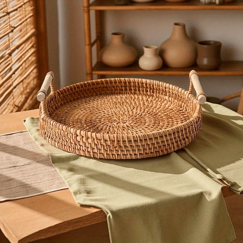 Handmade Rattan Round Tray wit - Rattan Tray Handle 评论和价格